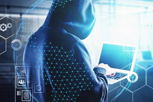 Hacker con ordenador portátil en la oficina, ciberseguridad —  Fotos de Stock