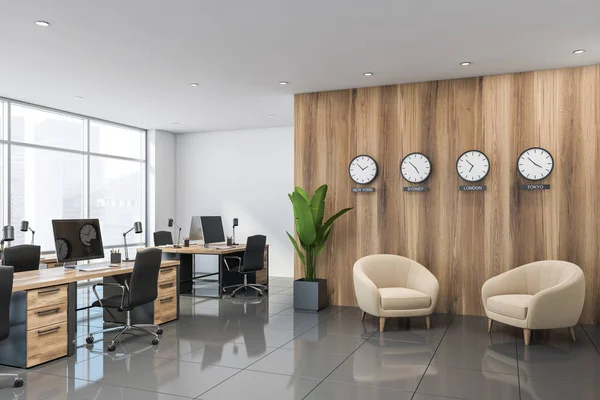 Bílý a dřevěný kancelářský kout s obývacím pokojem — Stock fotografie
