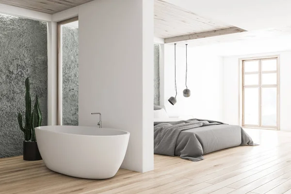 Białe i szare sypialnia i łazienka rogu — Zdjęcie stockowe