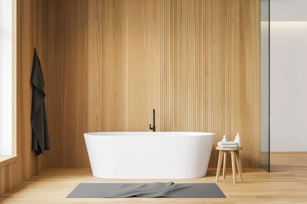 White and wooden bathroom with tub — Stock Photo, Image