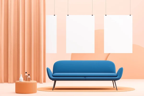 Peach living room, blue sofa and poster gallery — Stock Photo, Image