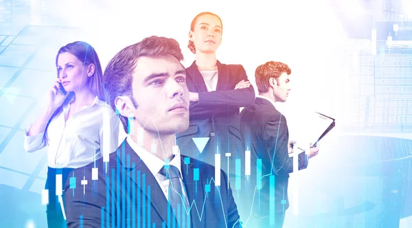 Inspired business team in city, digital charts — Stock Photo, Image