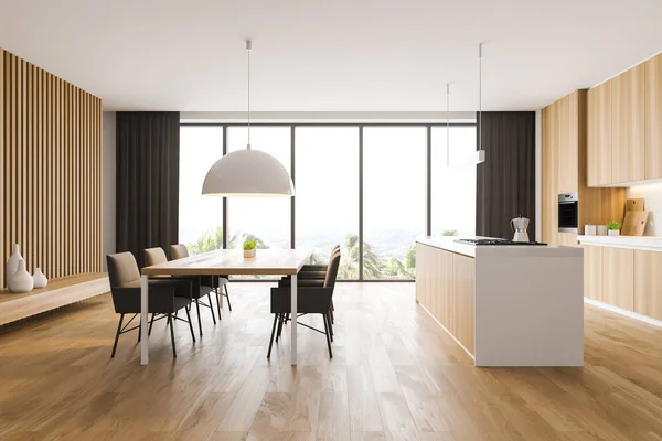 Panoramatický bílý a dřevěný interiér kuchyně — Stock fotografie