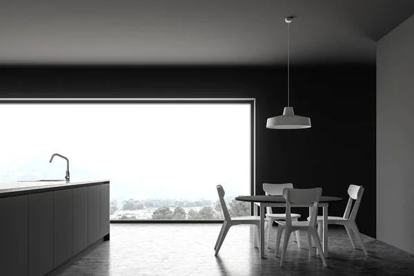 Boční pohled na panoramatickou šedou kuchyň se stolem — Stock fotografie