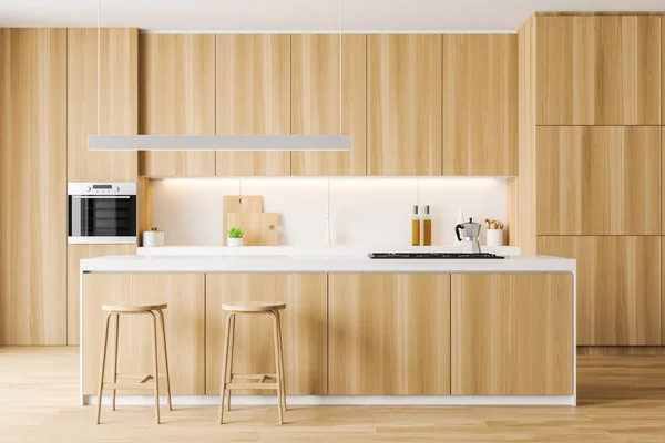 Interior de cocina blanca y de madera con barra —  Fotos de Stock