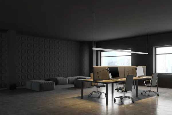 Rincón de oficina de espacio abierto gris oscuro con salón — Foto de Stock