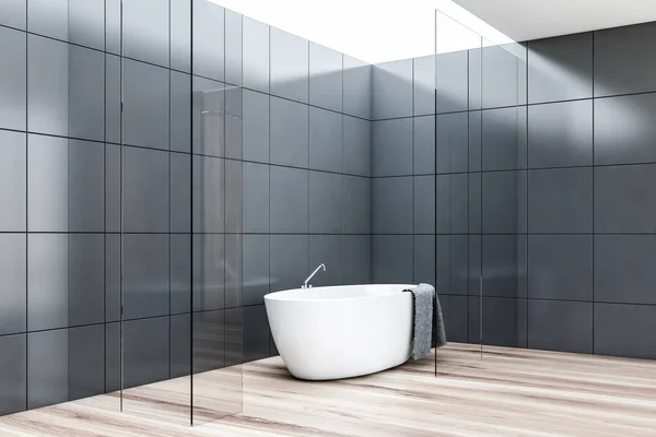 Gray tile wooden floor bathroom corner — Stock Photo, Image