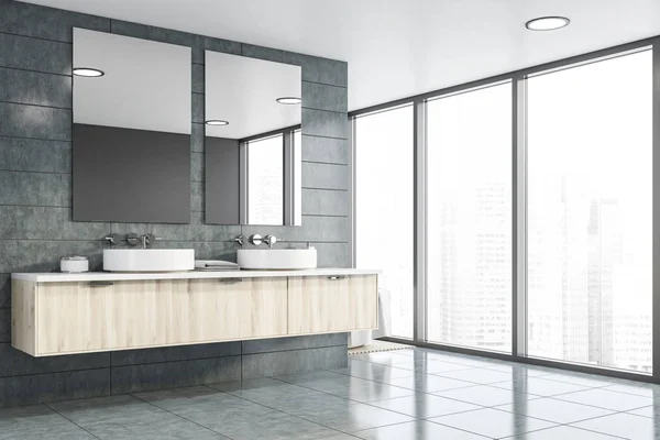 Graue Fliesen Badezimmer Innenraum mit Doppelwaschbecken — Stockfoto