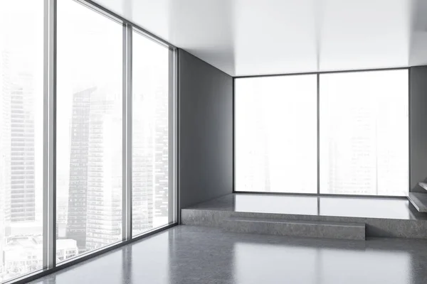 Esquina de habitación panorámica gris vacía con escaleras — Foto de Stock