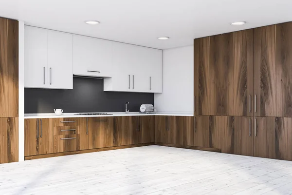 Šedý a tmavý dřevěný interiér kuchyně — Stock fotografie