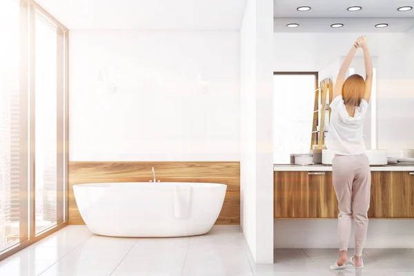 Woman in pajamas in luxury white bathroom — Stock Image Woman in pajamas in luxury white bathroom Stock Image