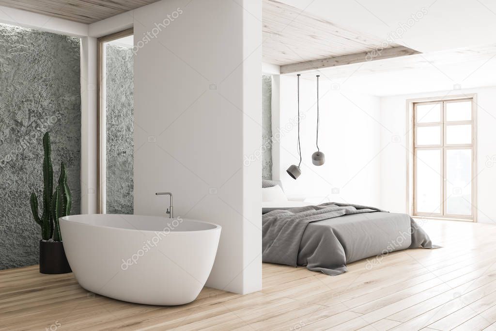 White and gray bedroom and bathroom corner
