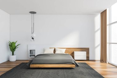 Modern İskandinav tarzı yatak odası, beyaz ve tahta duvarlar, rahat kral yatağı, panoramik pencere ve kitaplık. 3d oluşturma