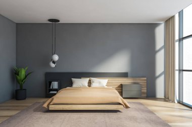 Modern İskandinav tarzı yatak odasının içi gri ve ahşap duvarlar, rahat kral yatağı, panoramik pencere ve kitaplık. 3d oluşturma