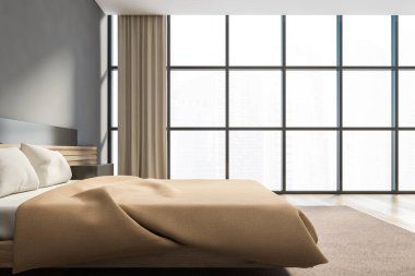 İskandinav tarzı yatak odası gri ve ahşap duvarlar, rahat kral yatağı, panoramik pencere ve kitaplık. Bulanık şehir manzarası. 3d oluşturma