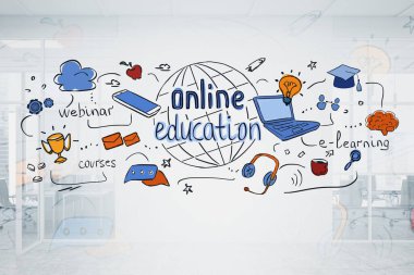 Bulanık ofis geçmişi üzerine çizilmiş yaratıcı ve renkli çevrimiçi eğitim skeci. E-öğrenme ve modern teknoloji kavramı. 3d rengarenk resim çift pozlama
