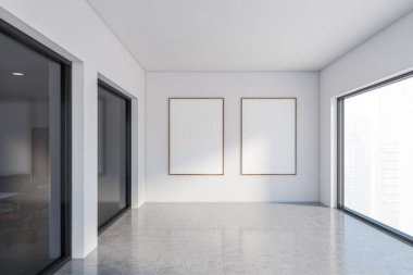 Döşeme döşemeli, panoramik pencereli, bulanık şehir manzaralı ve iki dikey maket posterli beyaz ofis binasının içi. Reklam kavramı. 3d oluşturma