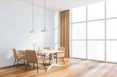 Modern panoramik yemek odasının köşesinde beyaz duvarlar, ahşap zemin, bej koltuklu beyaz masa ve bulanık şehir manzaralı pencere. 3d oluşturma