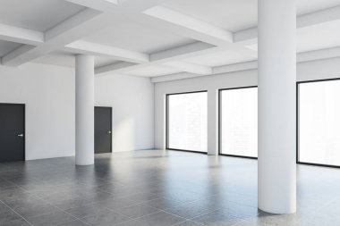 Beyaz duvarları olan boş bir ofis, fayanslı zemin, bulanık şehir manzaralı büyük pencereler ve kapalı siyah kapılar. 3d oluşturma