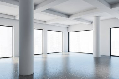 Beyaz duvarları, fayanslı zemini, sütunları ve bulanık manzaralı büyük pencereleri olan boş bir ofis köşesi. 3d oluşturma