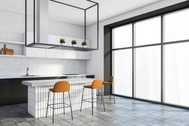 Beyaz ve siyah duvarlı şık bir mutfak, ahşap zemin, siyah tezgah, beyaz dolaplar ve turuncu tabureli bir bar. Bulanık şehir manzaralı bir pencere. 3d oluşturma