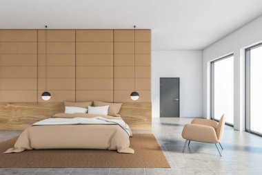 Bej ve beyaz duvarlı, fayanslı döşemeli, rahat kral yatağı ve bej koltuğu olan şık bir yatak odası. Bulanık şehir manzaralı pencereler. 3d oluşturma