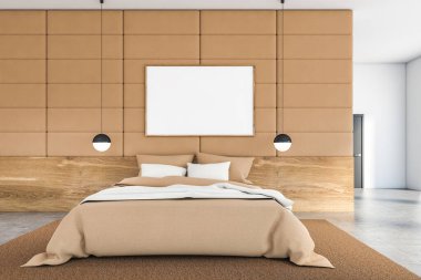 Bej ve beyaz fayanslı, fayanslı döşemeli, arka planda rahat kral yatak ve kapısı olan şık bir yatak odası. Yatay maket poster çerçevesi. 3d oluşturma