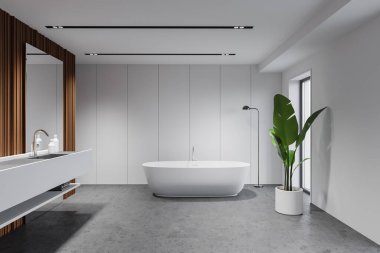 Beyaz ve ahşap duvarları, beton zemini, rahat küveti ve ayna ile lavabosu olan modern Scaindinavian tarzı banyo. 3d oluşturma