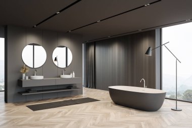 Gri ve koyu ahşap duvarları olan şık banyonun köşesi, ahşap zemin, pencerenin yanında duran rahat küvet, bulanık dağ manzaralı ve çift lavabolu yuvarlak aynalar. 3d oluşturma