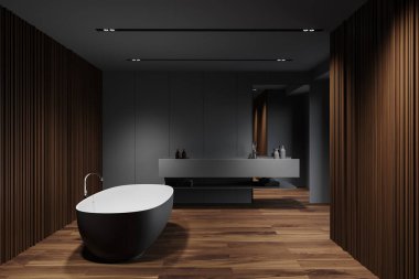 Gri ve ahşap duvarları olan son moda İskandinav banyosu, koyu ahşap zemin, yer lambalı rahat küvet ve aynalı büyük gri lavabo. 3d oluşturma