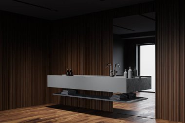 Gri ve koyu ahşap duvarlı İskandinav tarzı banyonun köşesi, ahşap zemin ve dikey aynalı büyük gri lavabo. 3d oluşturma