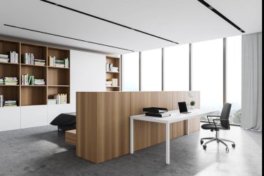 Beyaz duvarları, beton zemini, bulanık dağ manzaralı panoramik penceresi olan modern ofis. Beyaz bilgisayar masası ve kitaplık. Yatak odası arka planda. 3d oluşturma