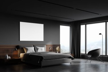 Modern İskandinav tarzı yatak odasının köşesinde gri ve ahşap duvarlar, beton zemin, gri kral yatağı, rahat koltuk ve sahte poster. 3d oluşturma