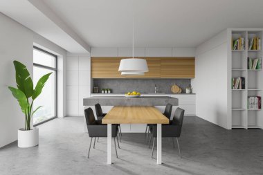 Beyaz ve taş duvarları, beyaz tezgahları, ahşap dolapları, rahat adaları, yemek masası ve kitaplığı olan modern mutfağın içi. Bulanık dağ manzaralı bir pencere. 3d oluşturma