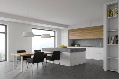 Modern mutfağın köşesinde beyaz ve taş duvarlar, beyaz tezgahlar, ahşap dolaplar, rahat bir ada, yemek masası ve kitaplık. Bulanık dağ manzaralı bir pencere. 3d oluşturma