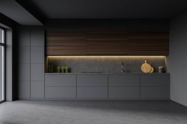 Gri ve taştan duvarları olan şık bir mutfağın içi, ocağı ve lavabosu olan gri tezgahlar ve koyu ahşap dolaplar. 3d oluşturma