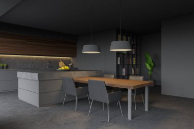 Gri ve taş duvarları, gri tezgahları, koyu ahşap dolapları, rahat bir adası, yemek masası ve kitaplığı olan şık bir mutfağın köşesi. 3d oluşturma