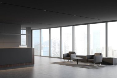 Gri duvarları olan panoramik şirket ofisinin köşesi, rahat gri ve ahşap resepsiyon masası iki bilgisayarlı, bekleme odasında koltuklar ve bulanık şehir manzaralı pencereler. 3d oluşturma