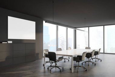 Gri duvarlı panoramik toplantı odasının köşesi, beton zemin, uzun beyaz toplantı masası ve bulanık şehir manzaralı pencere. Yatay maket posteri. 3d oluşturma