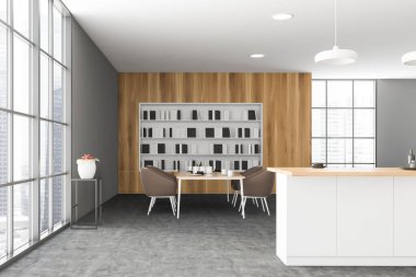 Geniş, şık yemek odasının içinde gri ve ahşap duvarlar, beton zemin, kitaplığın yanında kahverengi koltuklar ve bar tezgahı olan rahat bir masa. Bulanık şehir manzarası. 3d oluşturma