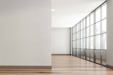 İçinde gri duvarlar, ahşap zemin, balkon ve bulanık şehir manzaralı büyük bir pencere olan boş bir oturma odası. Gayrimenkul kavramı. 3d oluşturma