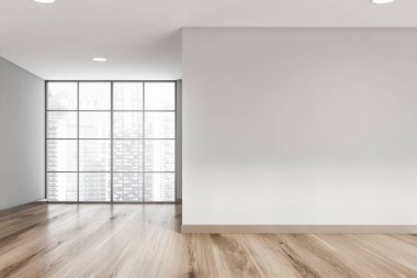 Gri duvarları, ahşap zemini ve bulanık manzaralı büyük penceresi olan boş bir oturma odası. Gayrimenkul kavramı. 3d oluşturma