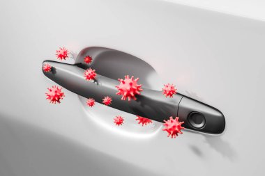 Siyah saplı beyaz araba kapısını kapatın. Coperid 19 Coronavirus. Yan görüş. 2019 ncov salgını önleme ve hijyen kavramı. 3d oluşturma