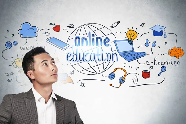 Inspirerad Ung Asiatisk Affärsman Tittar Ljusa Online Utbildning Skiss Ritad — Stockfoto