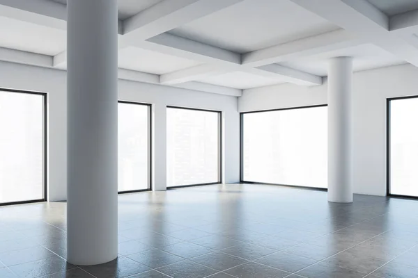 Corner Empty Office White Walls Tiled Floor Columns Big Windows — Stock Photo, Image