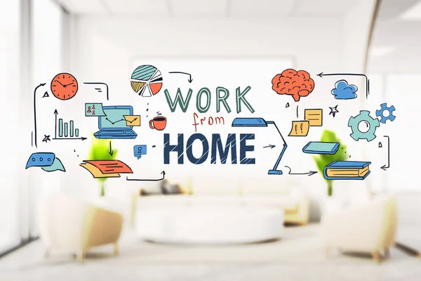 Creative and bright work from home sketch drawn over blurry home office background. Concept of technology and freelance. 3d rendering toned image double exposure