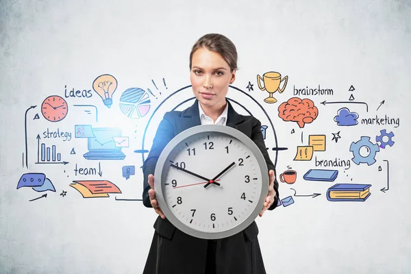 Beautiful Young European Businesswoman Holding Big Clock Concrete Wall Colorful — Stock Photo, Image