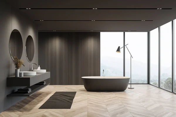 Interno Elegante Bagno Con Pareti Legno Grigio Scuro Pavimento Legno — Foto Stock