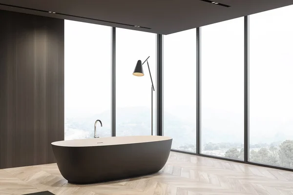 Angolo Elegante Bagno Con Pareti Legno Scuro Pavimento Legno Confortevole — Foto Stock