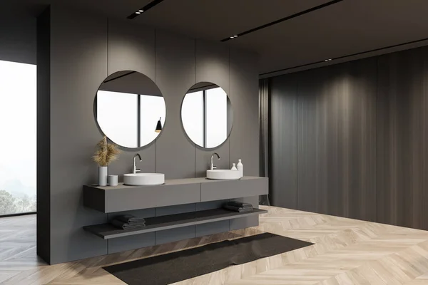 Angolo Elegante Bagno Con Pareti Legno Grigio Scuro Pavimento Legno — Foto Stock